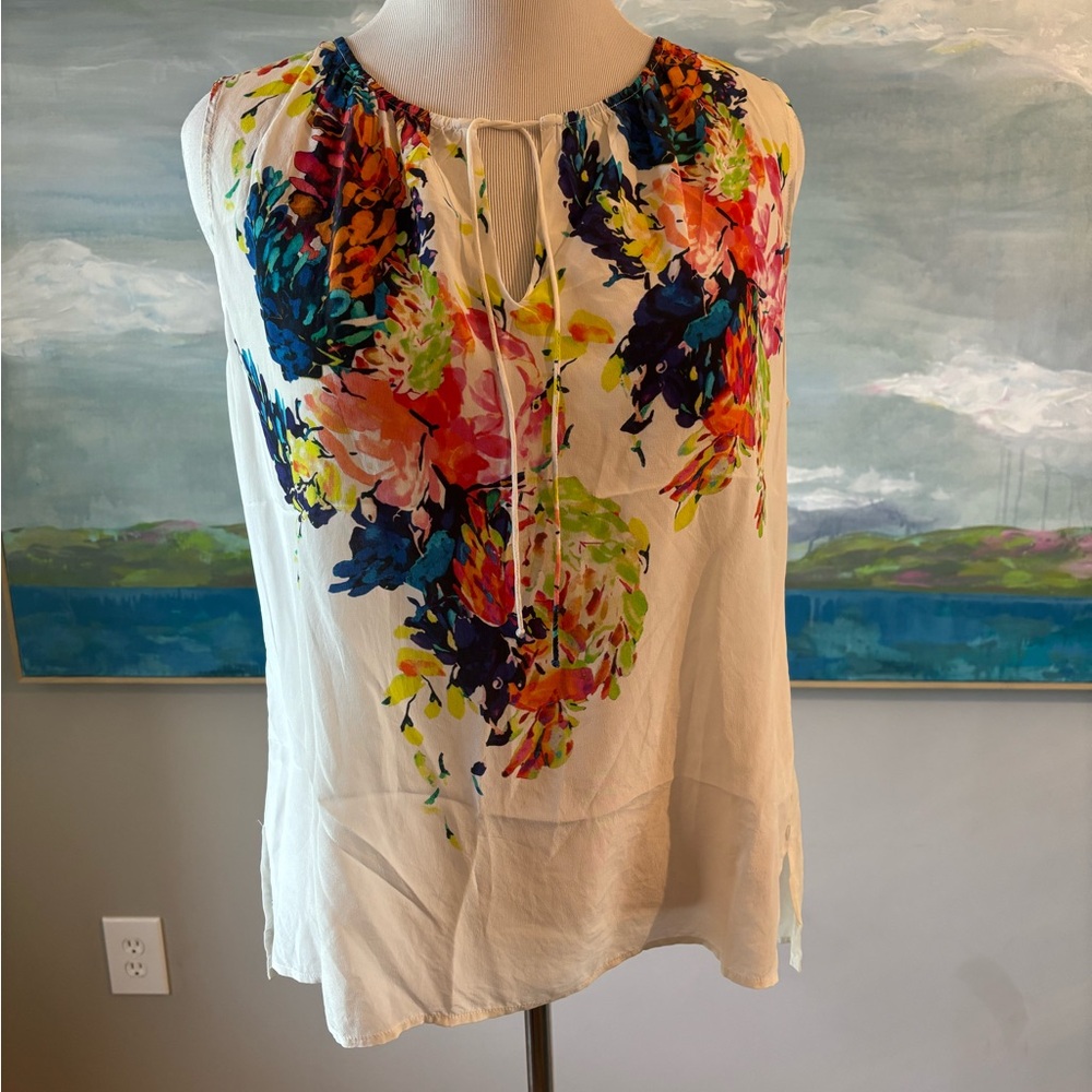 Washable Silk Floral Sleeveless Top - White Multicolor floral size XL 💐